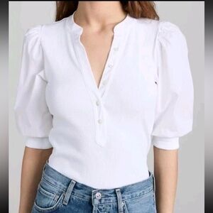 Veronica Beard Coralee Puff-Sleeve Top Ribbed Knit, Size S, White
